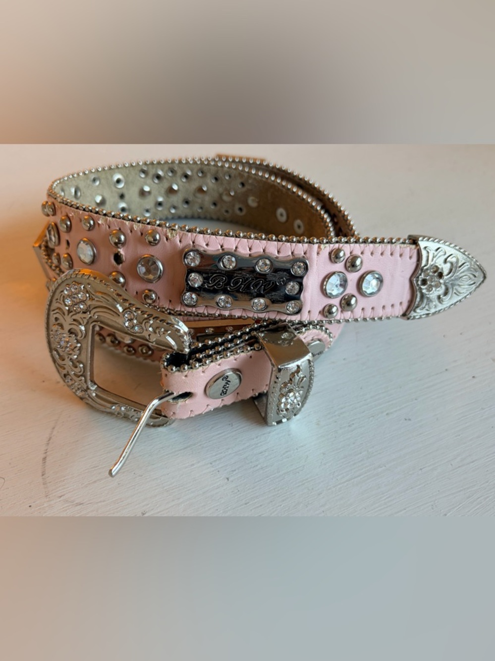 B.H.W. Pink Rhinestone Studded Leather Belt
